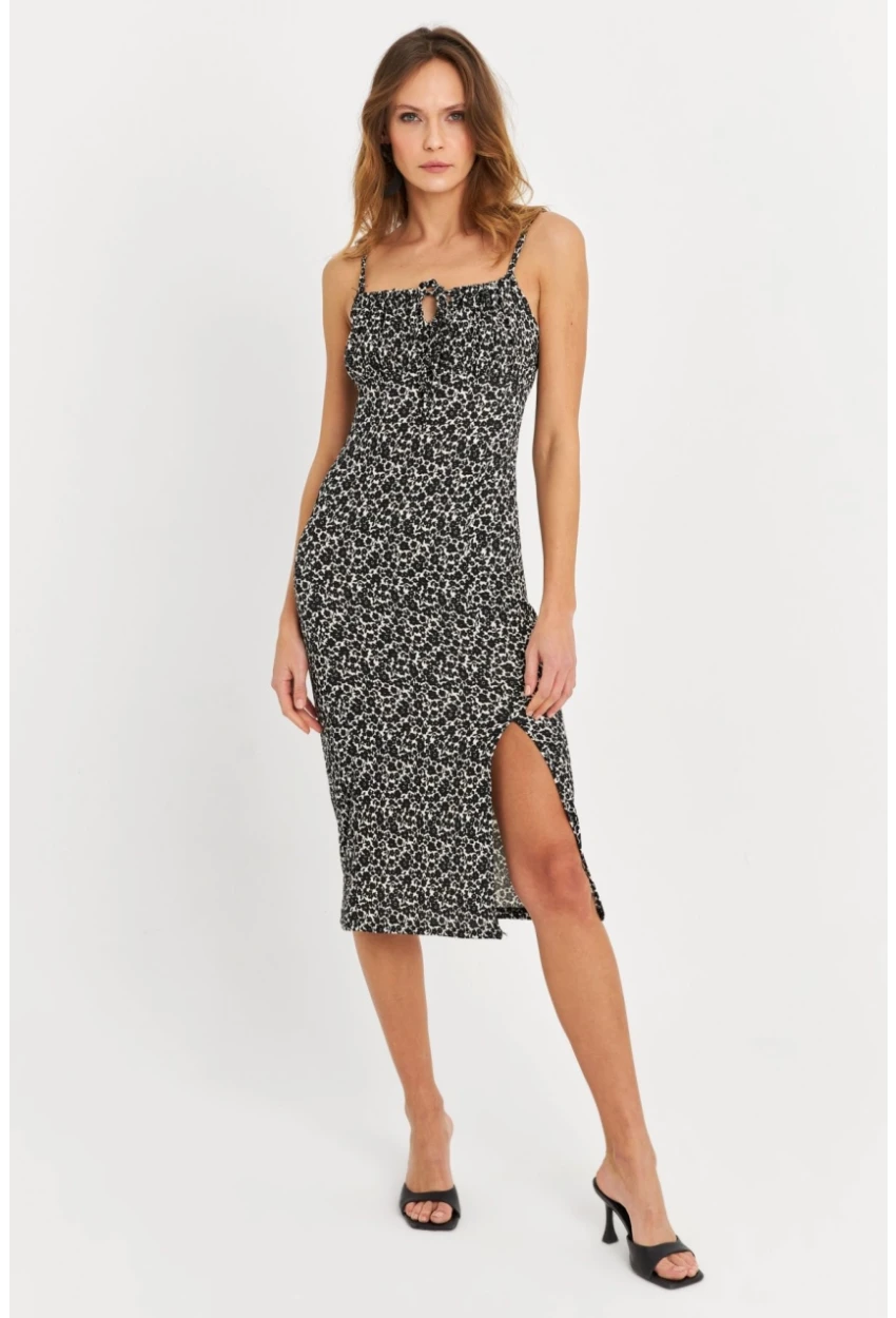 Kadın Siyah-Ekru Askılı Bürümcük Midi Elbise KAB302