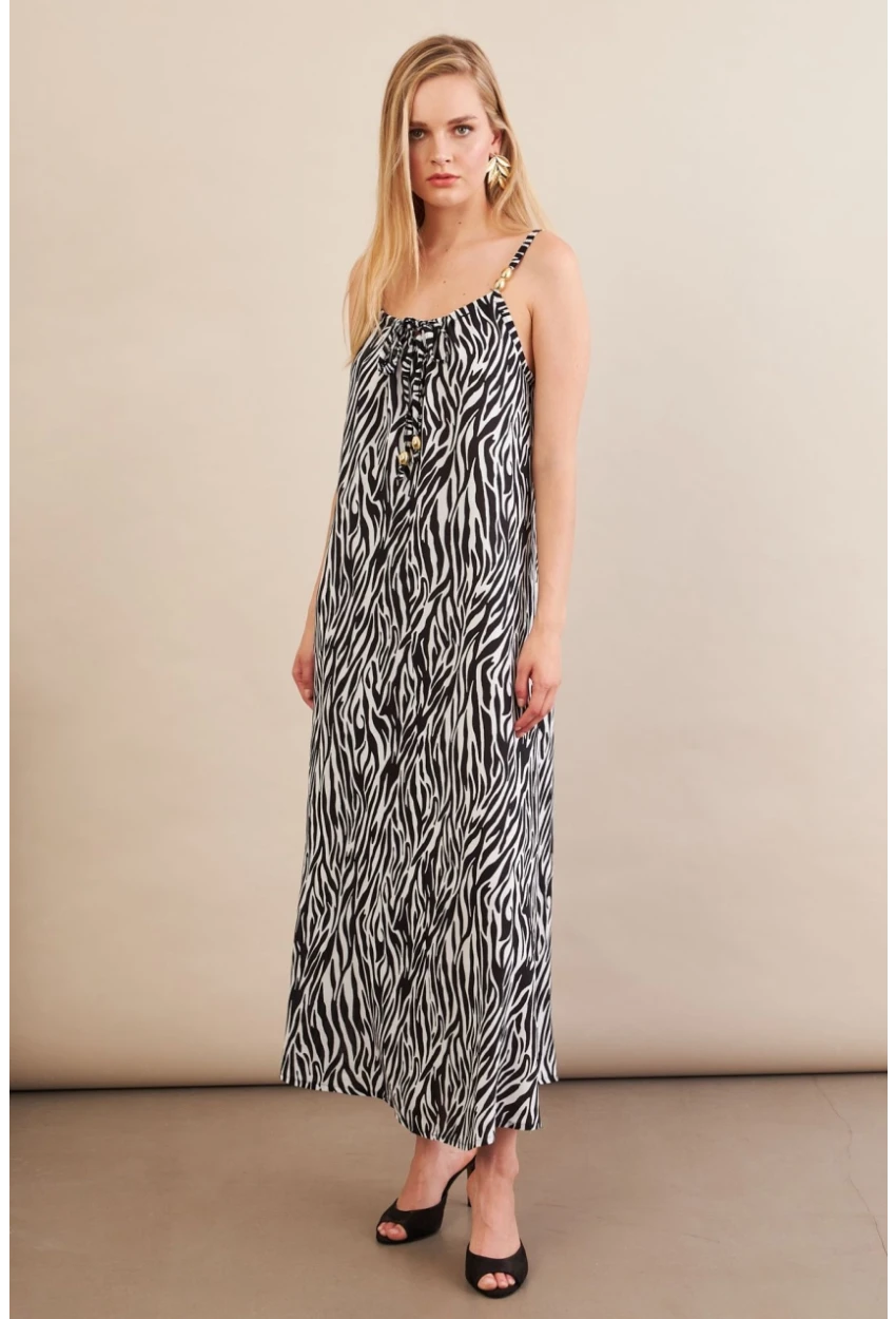 Kadın Siyah-Ekru Boyun Bağlamalı Midi Elbise AN6005