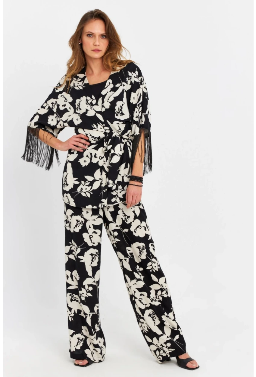 Kadın Siyah-Ekru Desenli Kimono Takım MELT1031
