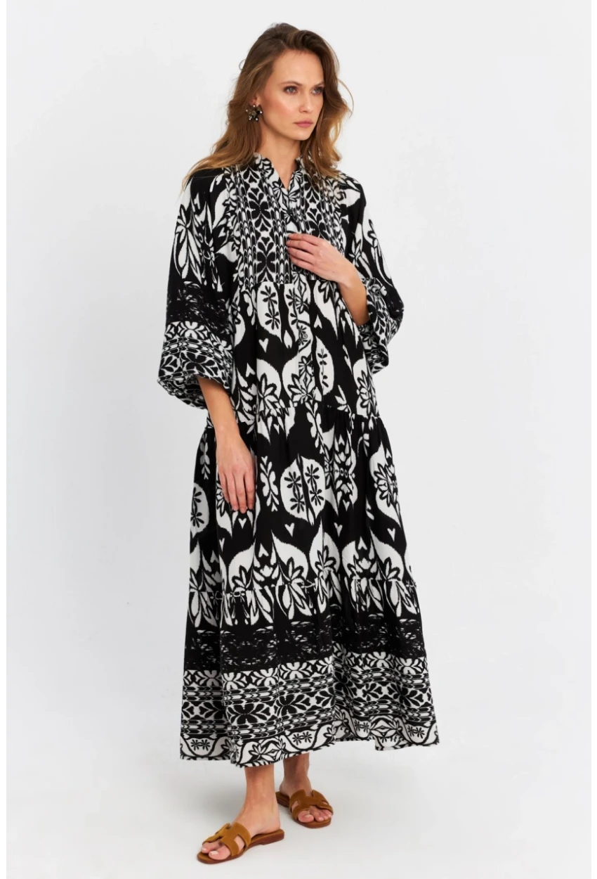 Kadın Siyah-Ekru Desenli Salaş Midi Elbise MALO3002