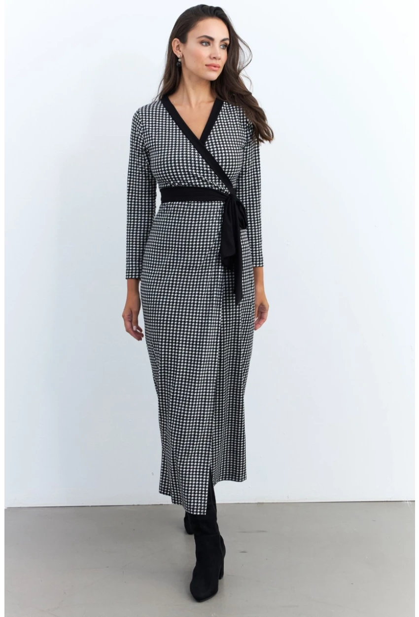 Kadın Siyah-Ekru Kruvaze Kazayağı Maxi Elbise MEY2941