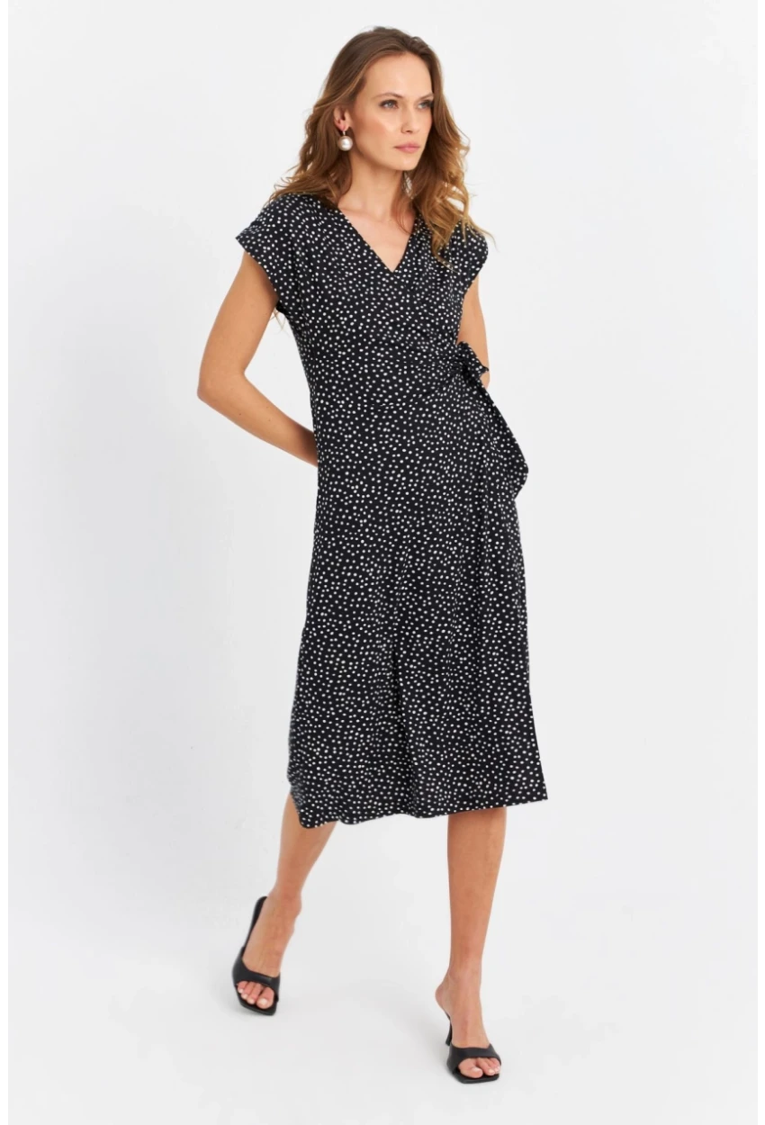 Kadın Siyah-Ekru Kruvaze Puantiyeli Midi Elbise EY3071