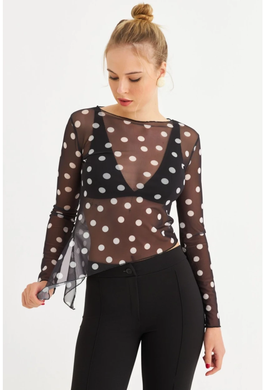 Kadın Siyah-Ekru Puantiyeli Tül Bluz RSP1740