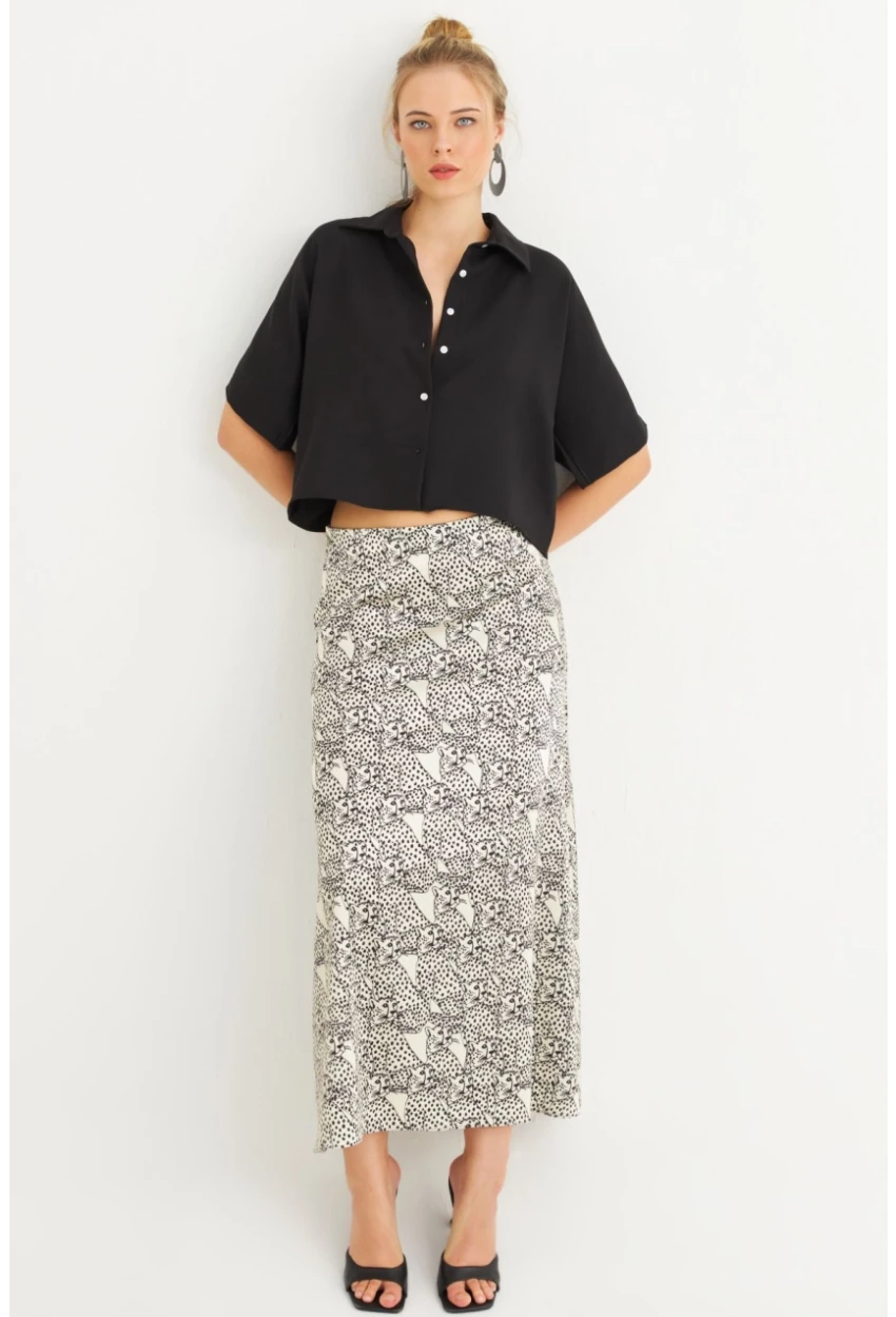 Kadın Siyah-Ekru Saten Midi Etek FİR1970