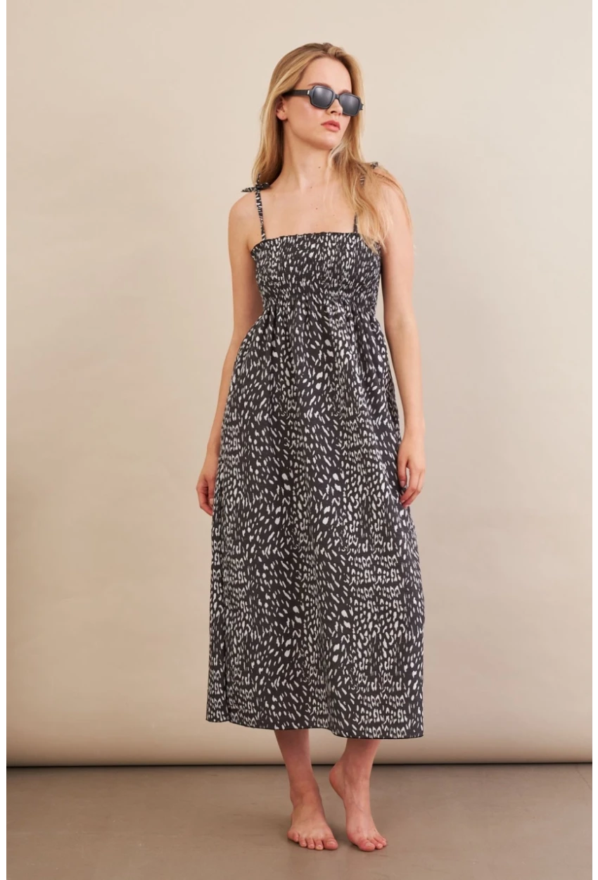 Kadın Siyah-ekru Straplez Çizgili Plaj Elbisesi