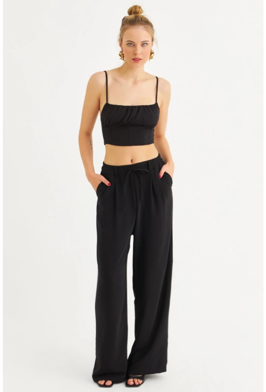 Kadın Siyah Fermuarlı Palazzo Pantolon MON143