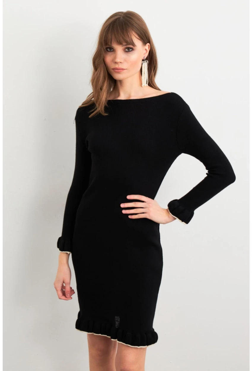Kadın Siyah Fırfırlı Basic Triko Midi Elbise SF2559