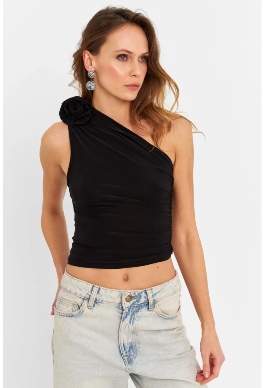 Kadın Siyah Gül Aksesuar Detaylı Crop Bluz ELT3925
