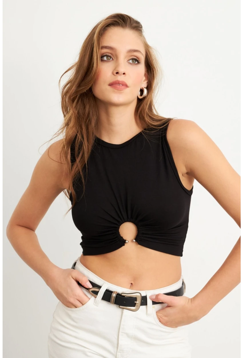 Kadın Siyah Halkalı Crop Bluz EY3094
