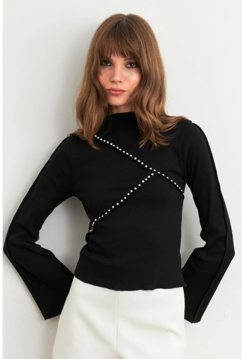 Kadın Siyah İnci Detaylı Kaşkorse Bluz ALB3701