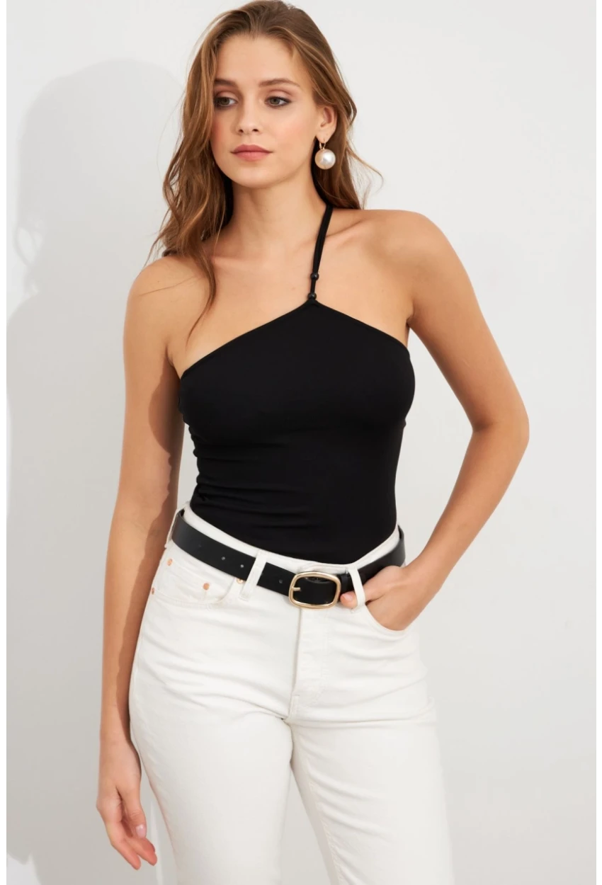 Kadın Siyah İp Askılı Çıtçıtlı Body ZH014