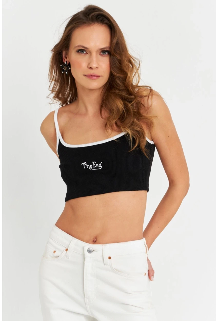 Kadın Siyah İp Askılı Crop Bluz ALB201