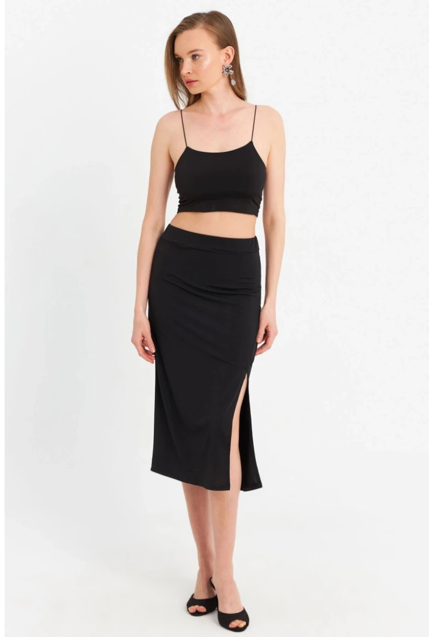 Kadın Siyah İp Askılı Crop Etek Takım MRS10004-1