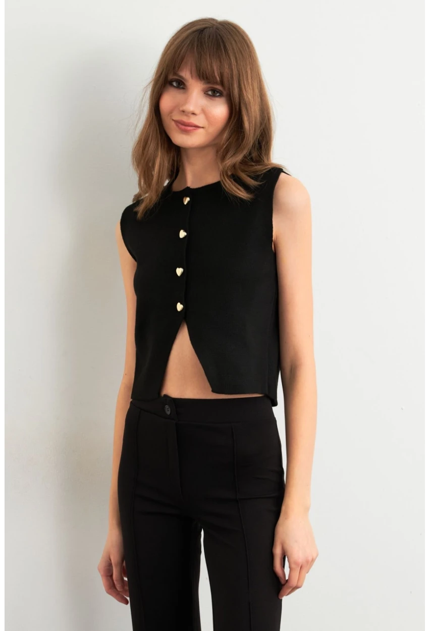 Kadın Siyah Kalp Düğmeli Triko Bluz SF2560