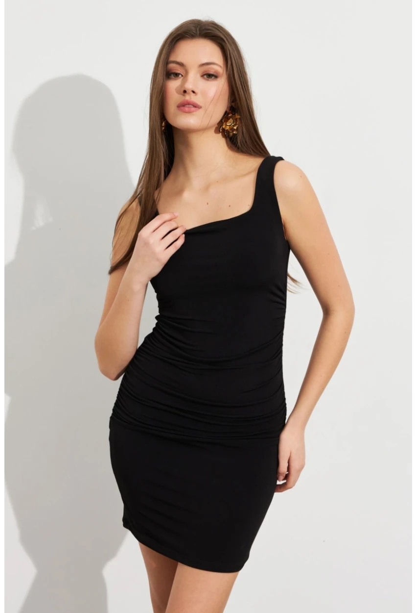 Kadın Siyah Kare Yaka Büzgülü Mini Elbise FRY2308