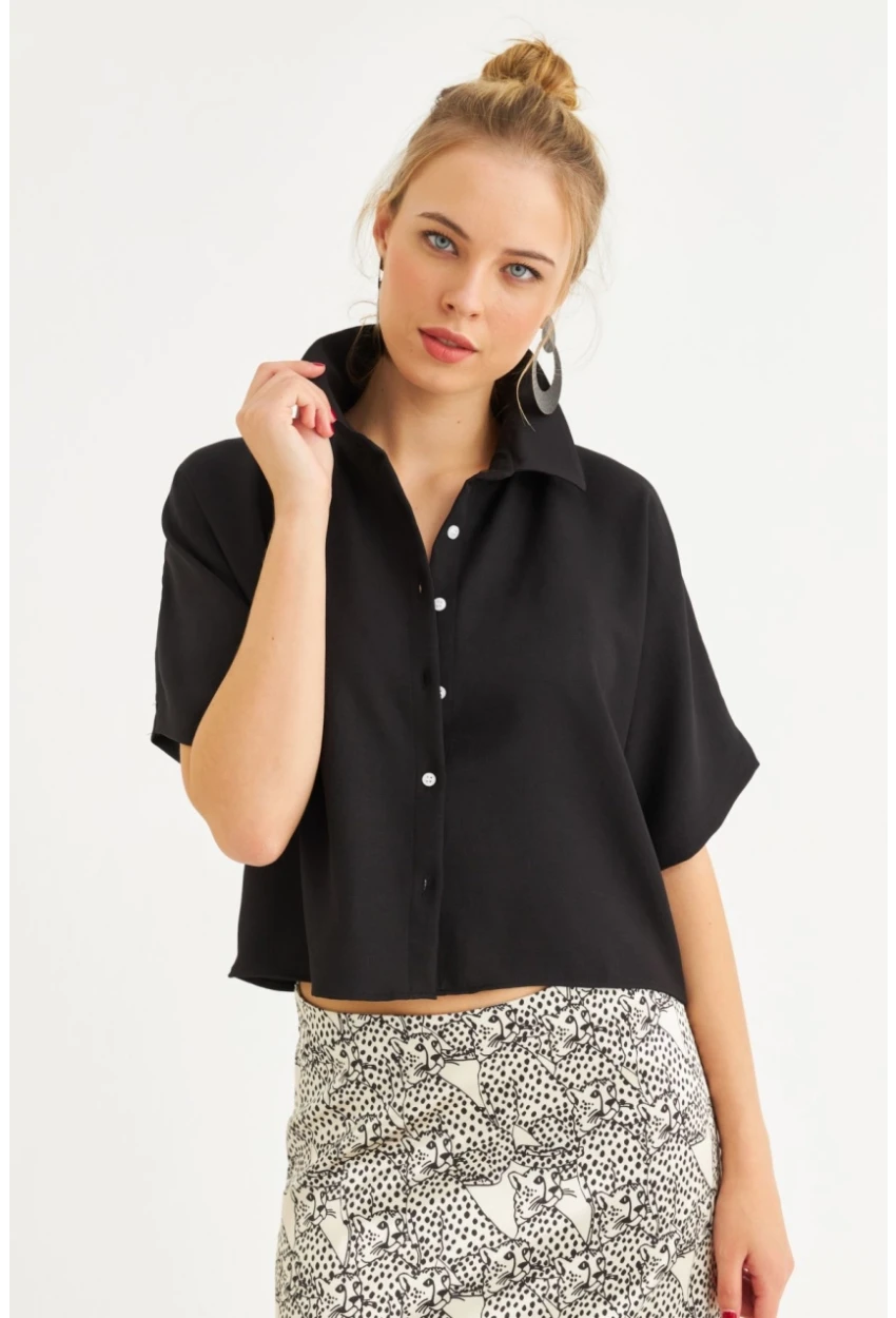 Kadın Siyah Kısa Kollu Crop Gömlek CNG117