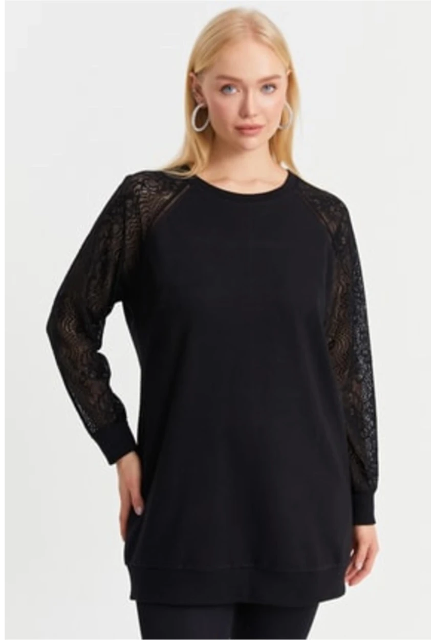 Kadın Siyah Kolları Dantel Sweat Tunik İZ16BİG