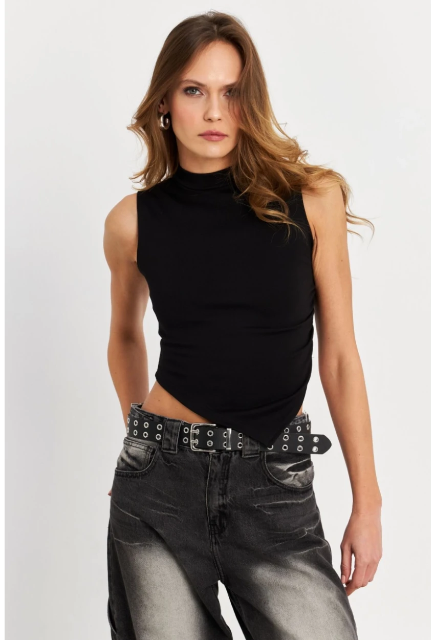 Kadın Siyah Kolsuz Crop Bluz ZH07
