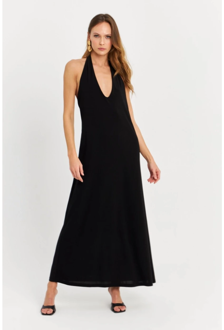 Kadın Siyah Kolsuz Midi Elbise TF73