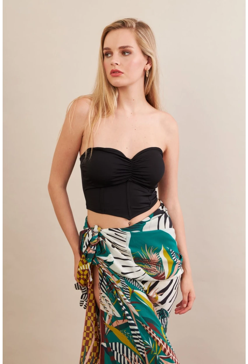 Kadın Siyah Korse Dikişli Crop Bluz AN6025