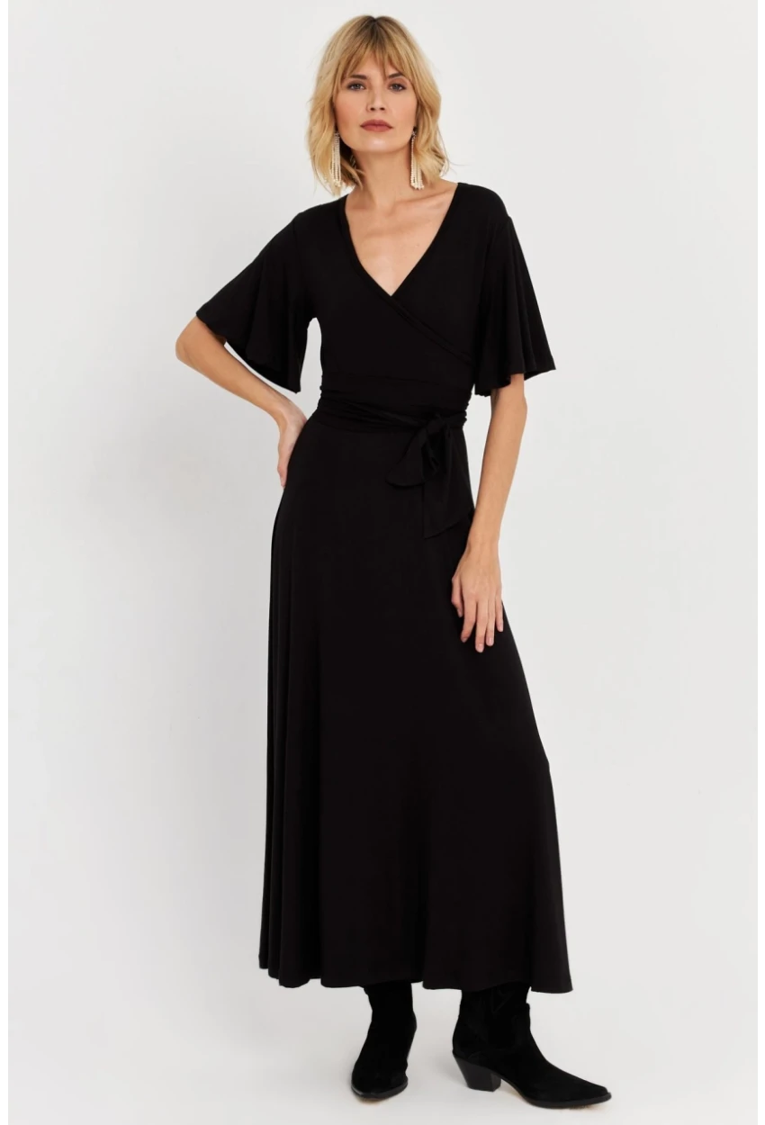 Kadın Siyah Kruvaze Bağlamalı Maxi Elbise EY3038