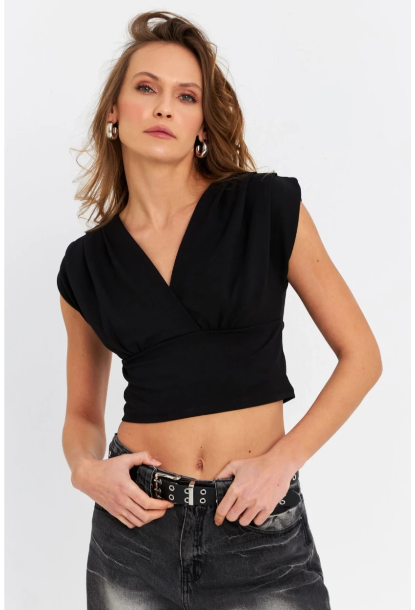 Kadın Siyah Kruvaze Crop Bluz SDY1234