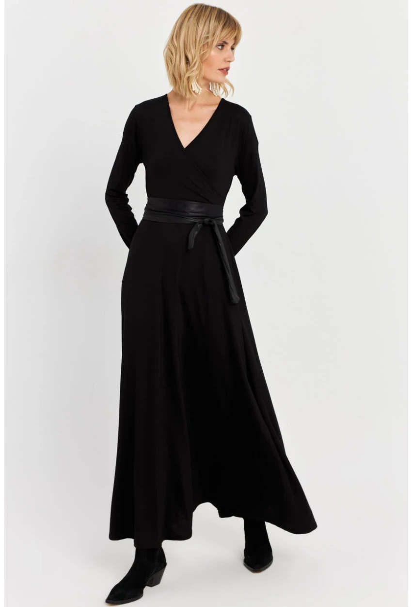 Kadın Siyah Kruvaze Maxi Elbise VTN3