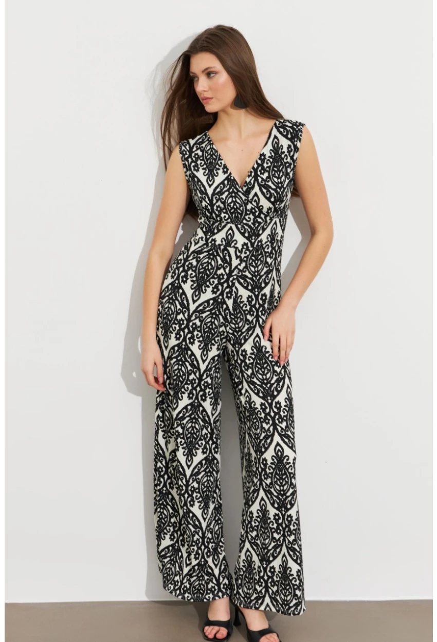 Kadın Siyah Kruvaze Yaka Desenli Bürümcük Tulum MP430