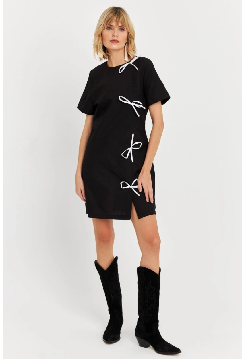 Kadın Siyah Kurdele Detaylı Mini Elbise DAF5025