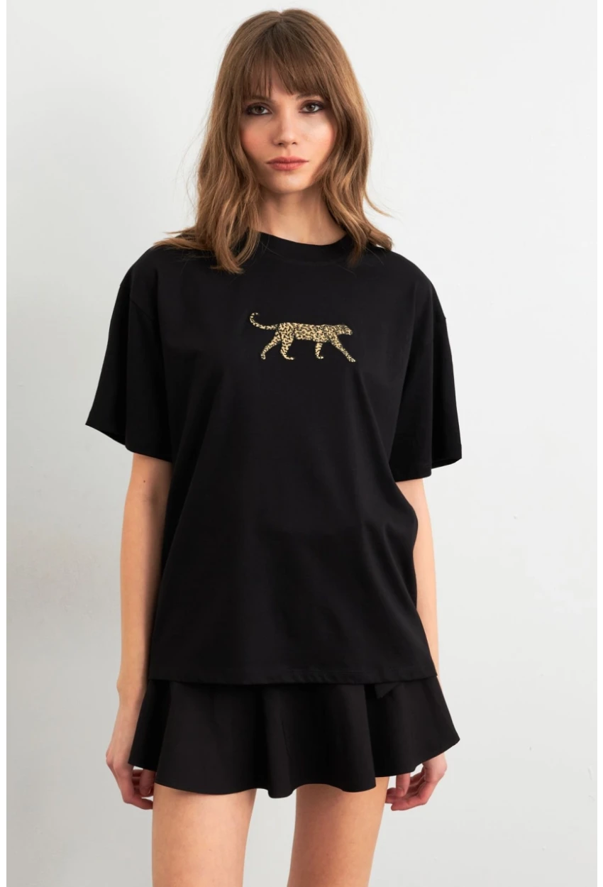 Kadın Siyah Leopar Baskılı T-Shirt RLO110