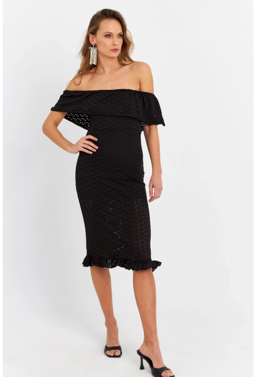 Kadın Siyah Madonna Yaka Astarlı Midi Elbise LİT105