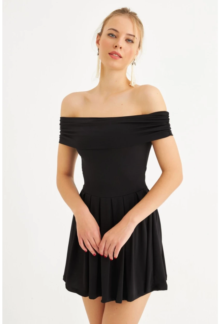 Kadın Siyah Madonna Yaka Midi Elbise MON1262-1