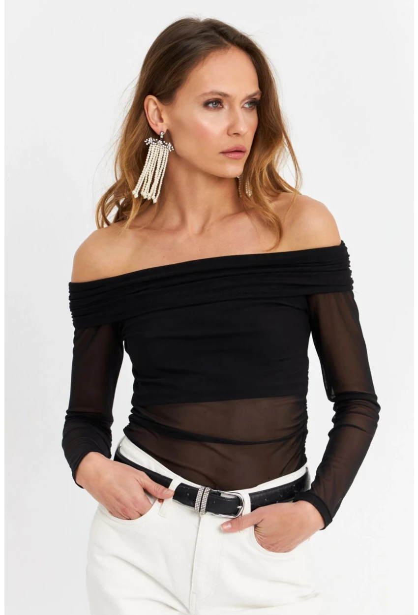 Kadın Siyah Madonna Yaka Tül Bluz MTK13241