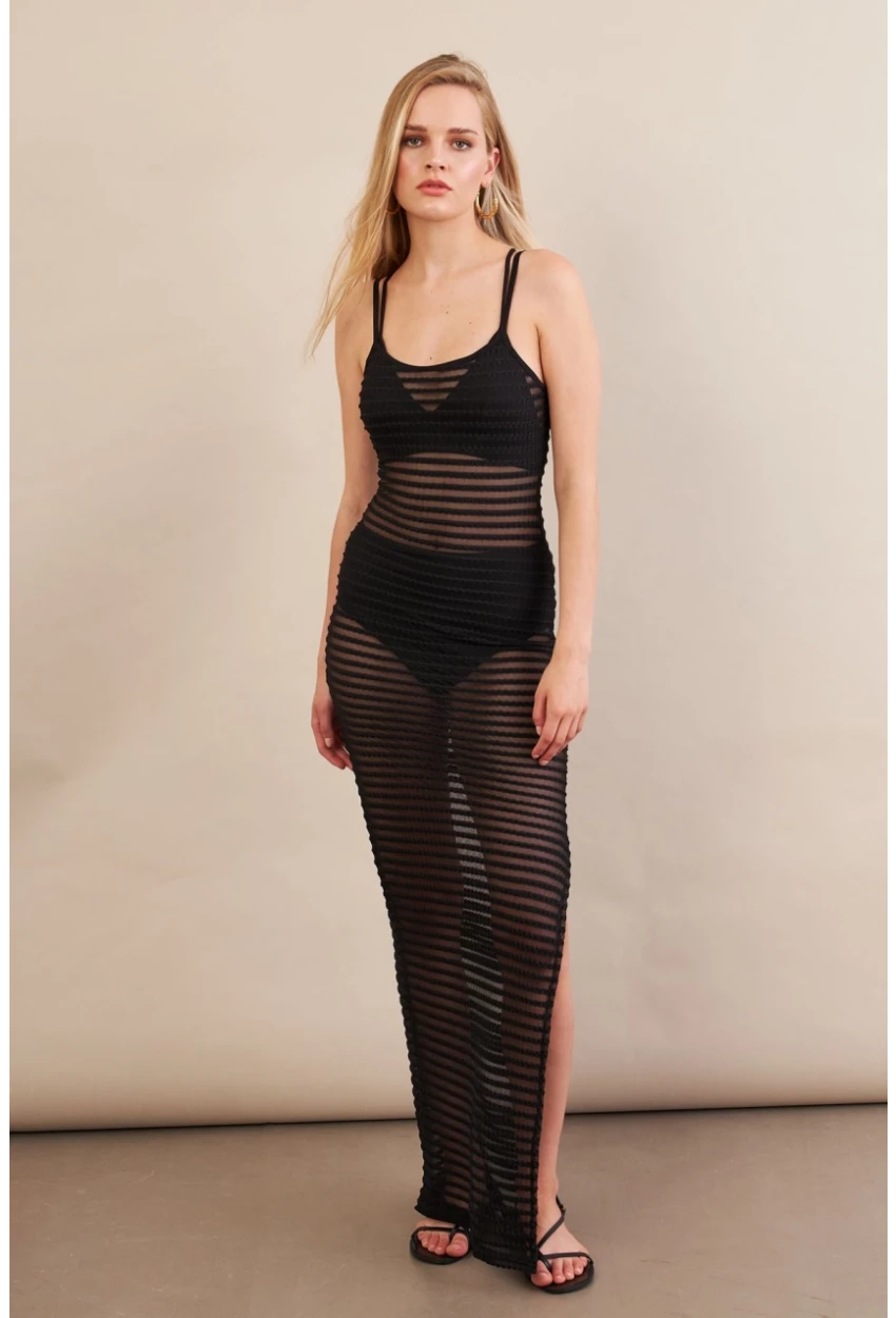 Kadın Siyah Maxi Tül Plaj Elbisesi DCF051