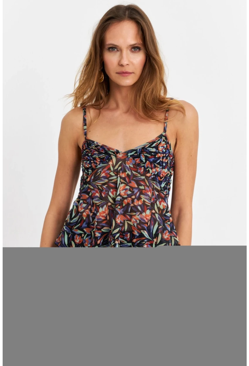 Kadın Siyah-Mor Desenli Tül Crop Bluz SB309