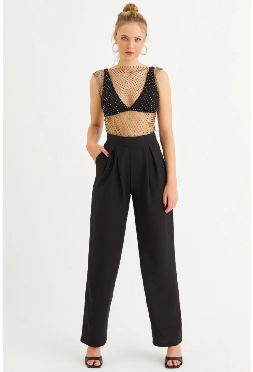 Kadın Siyah Muslin Cepli Pantolon RSP5003