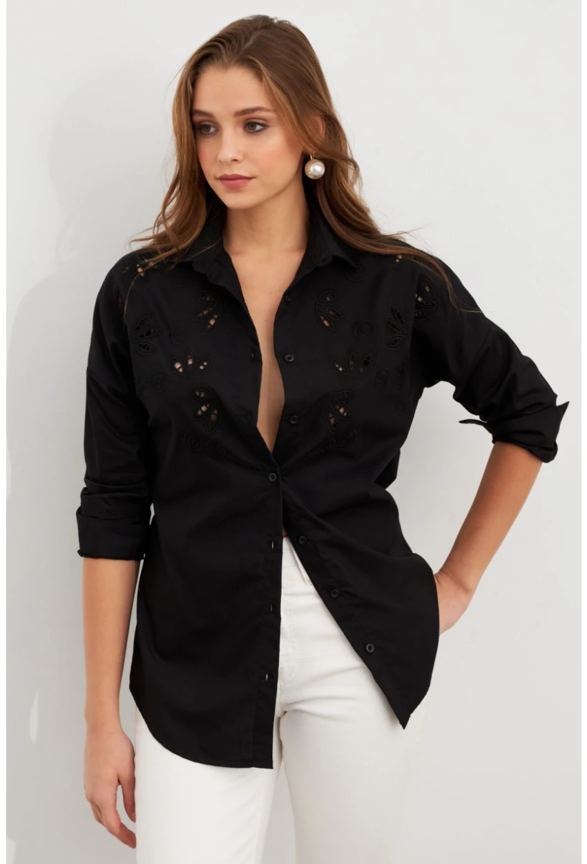Kadın Siyah Nakışlı Gömlek DAF5017