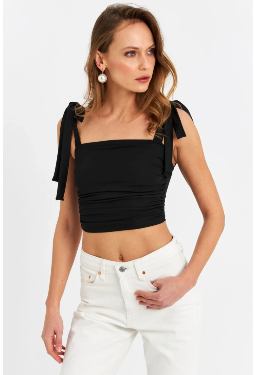 Kadın Siyah Omuz Bağlamalı Crop Bluz B5023-90