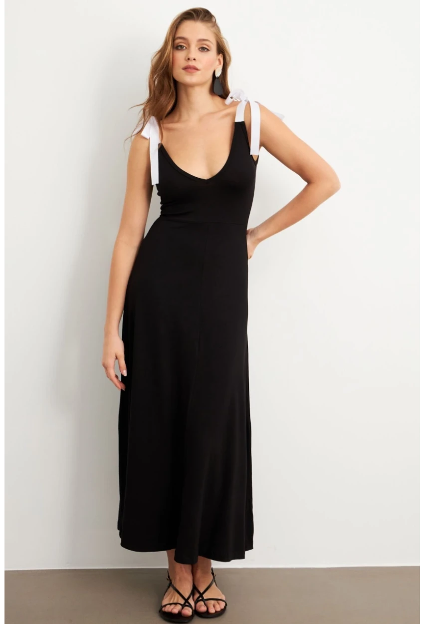 Kadın Siyah Omuz Fiyonklu V Yaka Midi Elbise EY3091