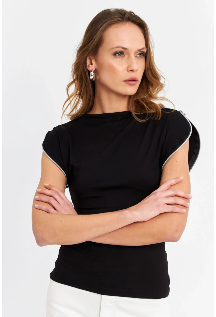 Kadın Siyah Omuzları Fermuarlı Bluz EY3062