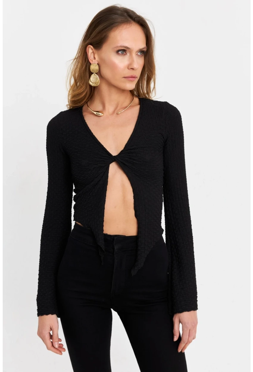 Kadın Siyah Önü Düğümlü İspanyol Kol Bluz SB353