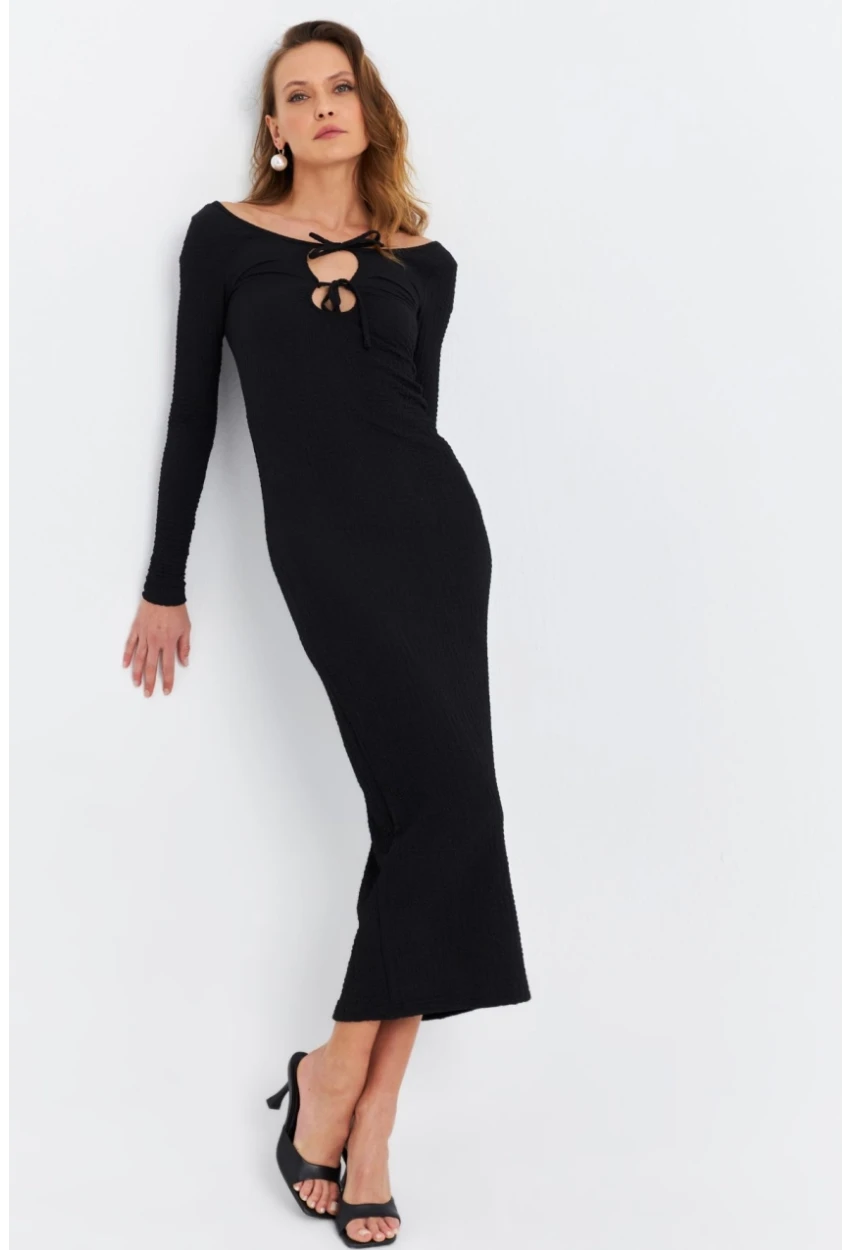 Kadın Siyah Önü Pencereli Midi  Elbise ZH09