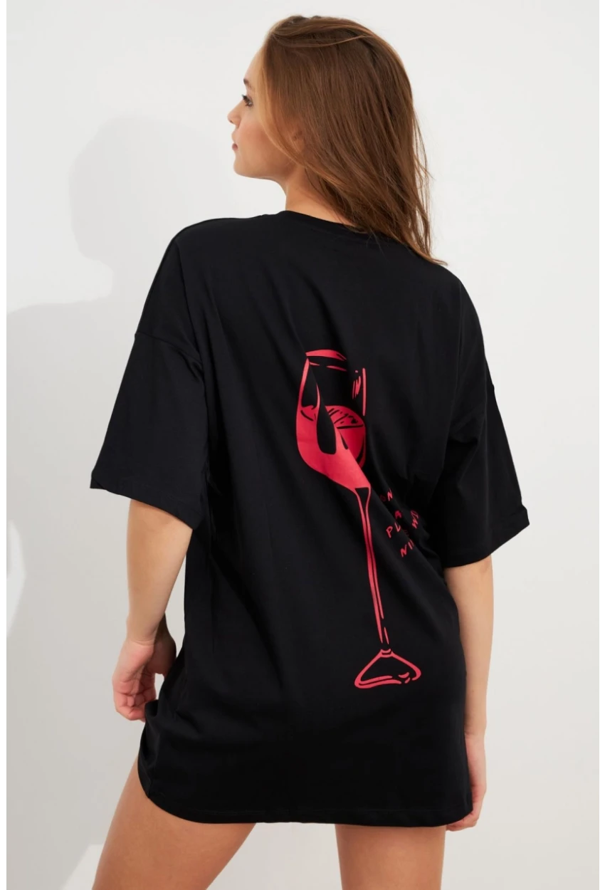 Kadın Siyah Oversize Pijama T-Shirt TPG14