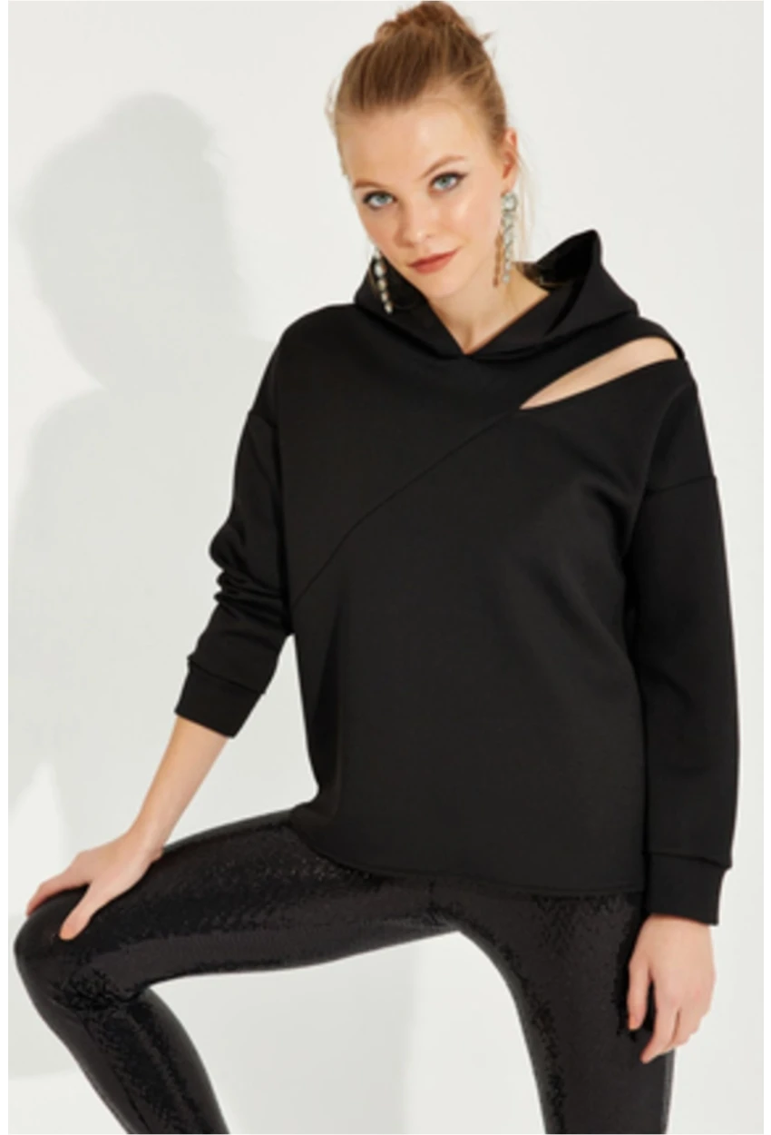 Kadın Siyah Pencereli Skuba Sweatshirt ROT1004