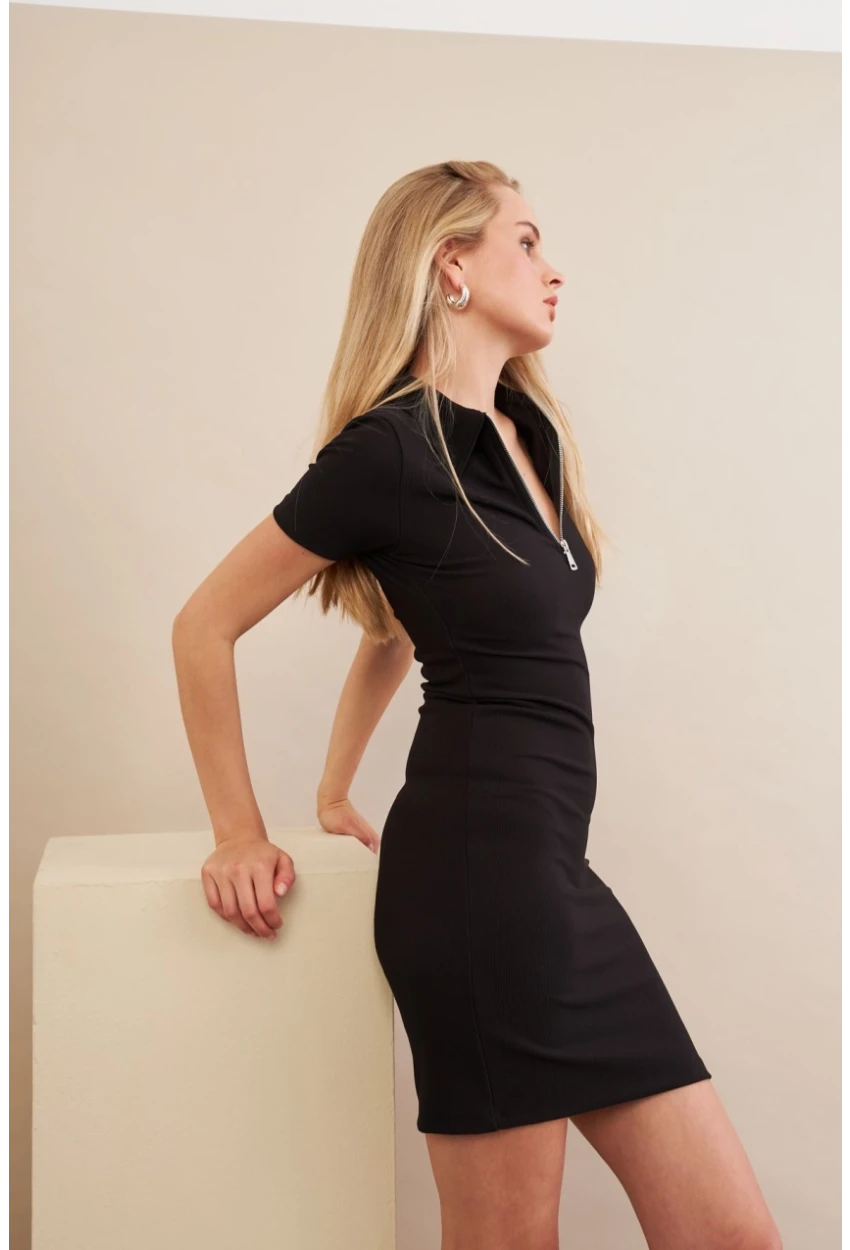 Kadın Siyah Polo Yaka Fermuarlı Mini Elbise MOD1994
