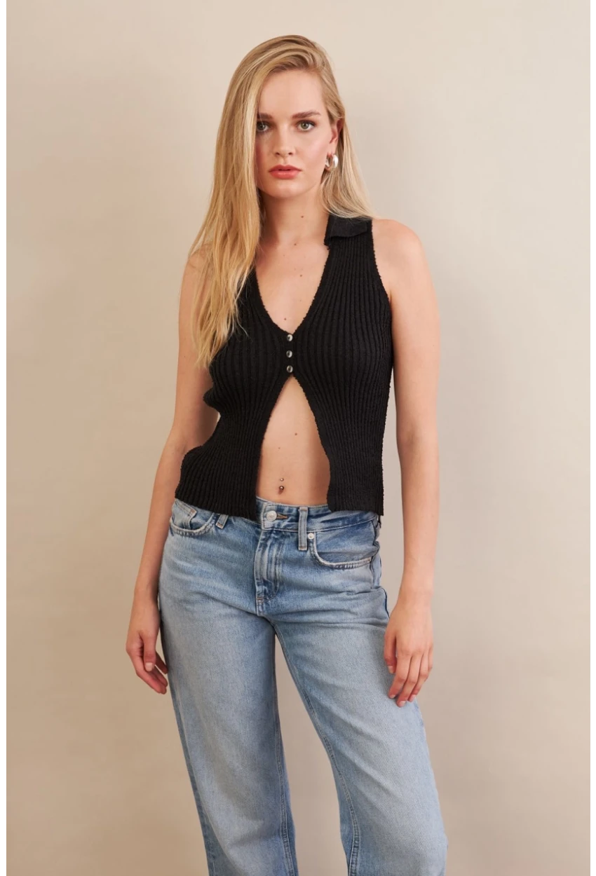 Kadın Siyah Polo Yaka Yumoş Yelek ZH050