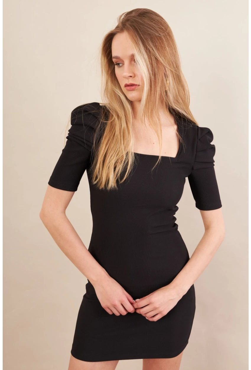 Kadın Siyah Prenses Kol Mini Elbise MOD202