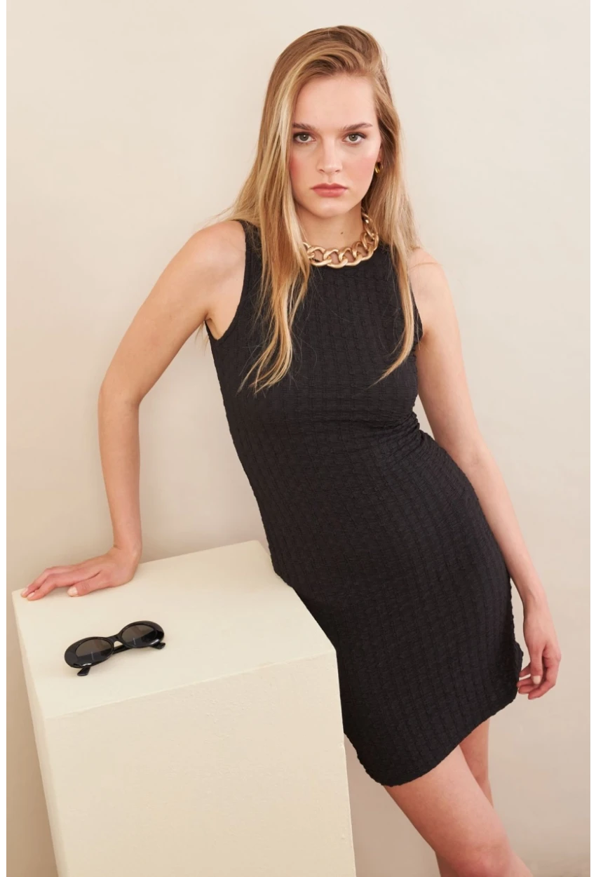 Kadın Siyah Rustik Mini Elbise FLU7310
