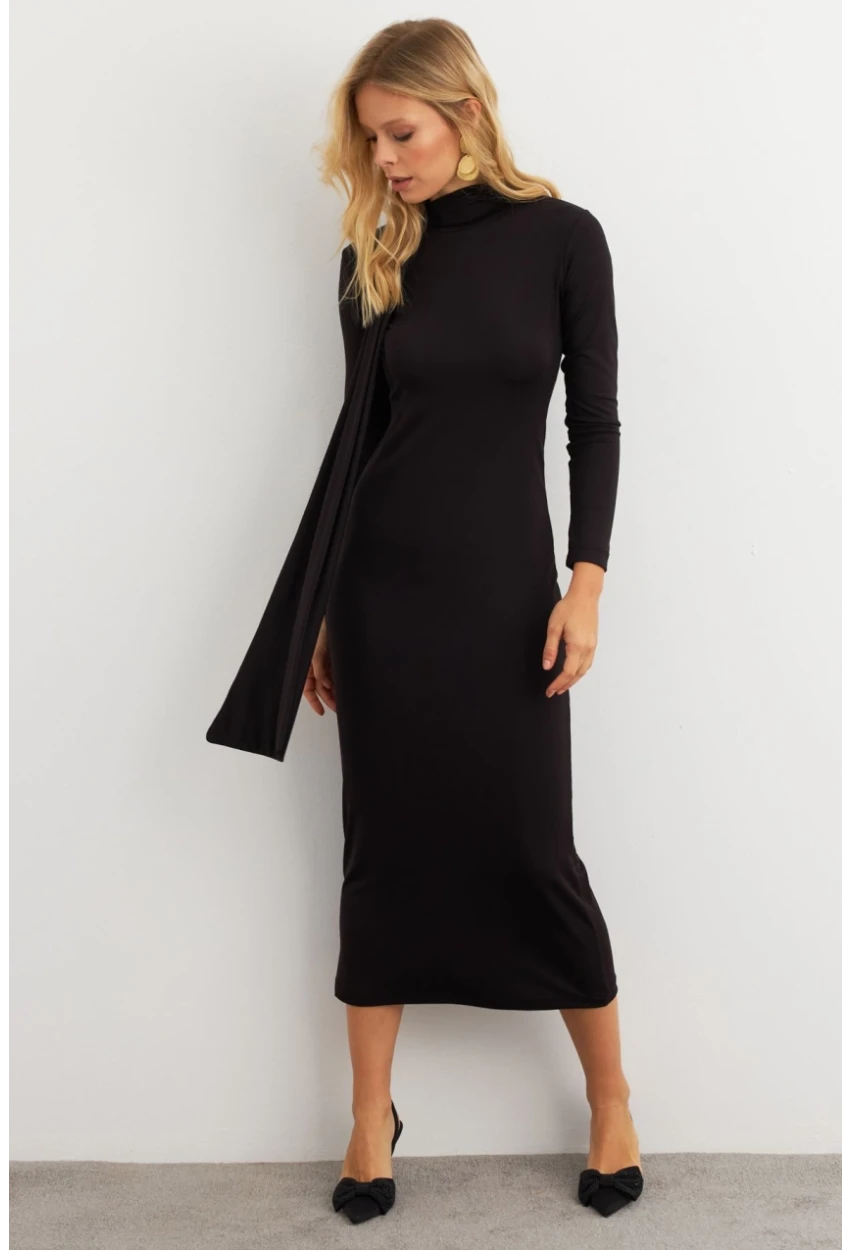 Kadın Siyah Şal Detaylı Midi Elbise MEY3010