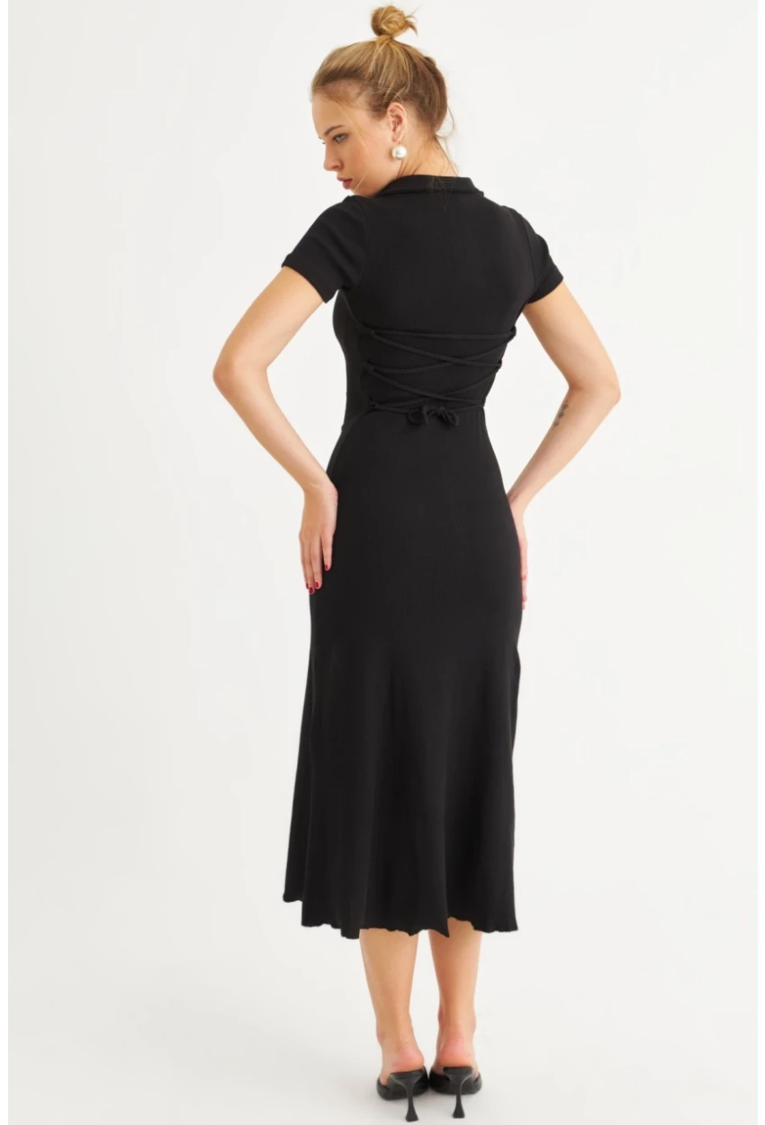 Kadın Siyah Sırt Bağlamalı Kaşkorse Midi Elbise MFRY0001